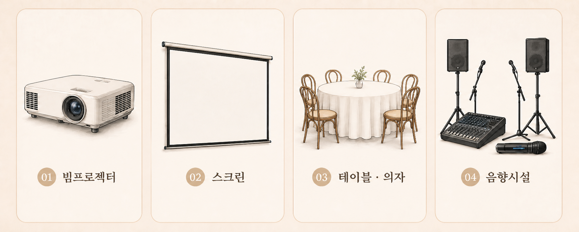 프로젝터, 스크린, 테이블과 의자, 음향시설
